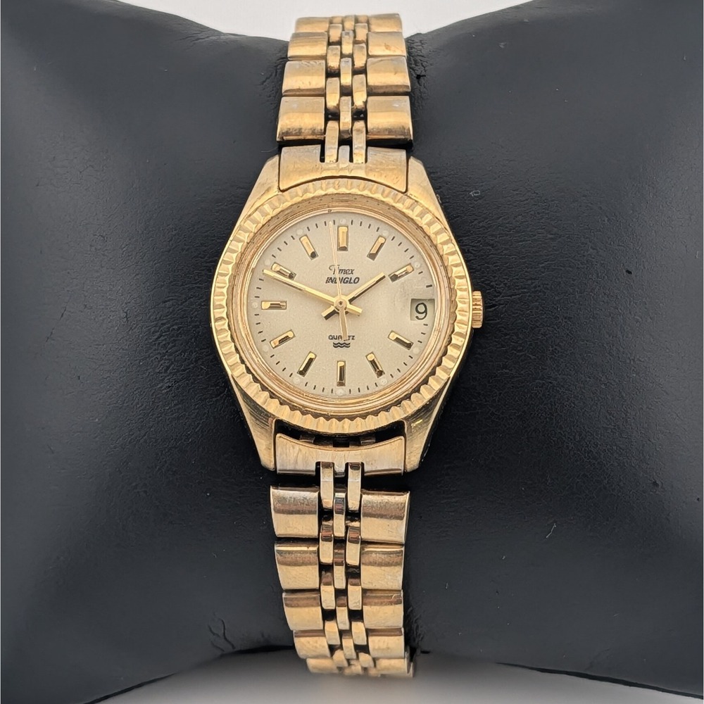 Timex Indiglo Gold Tone Date Watch 25mm Fluted Bezel Jubilee Bracelet